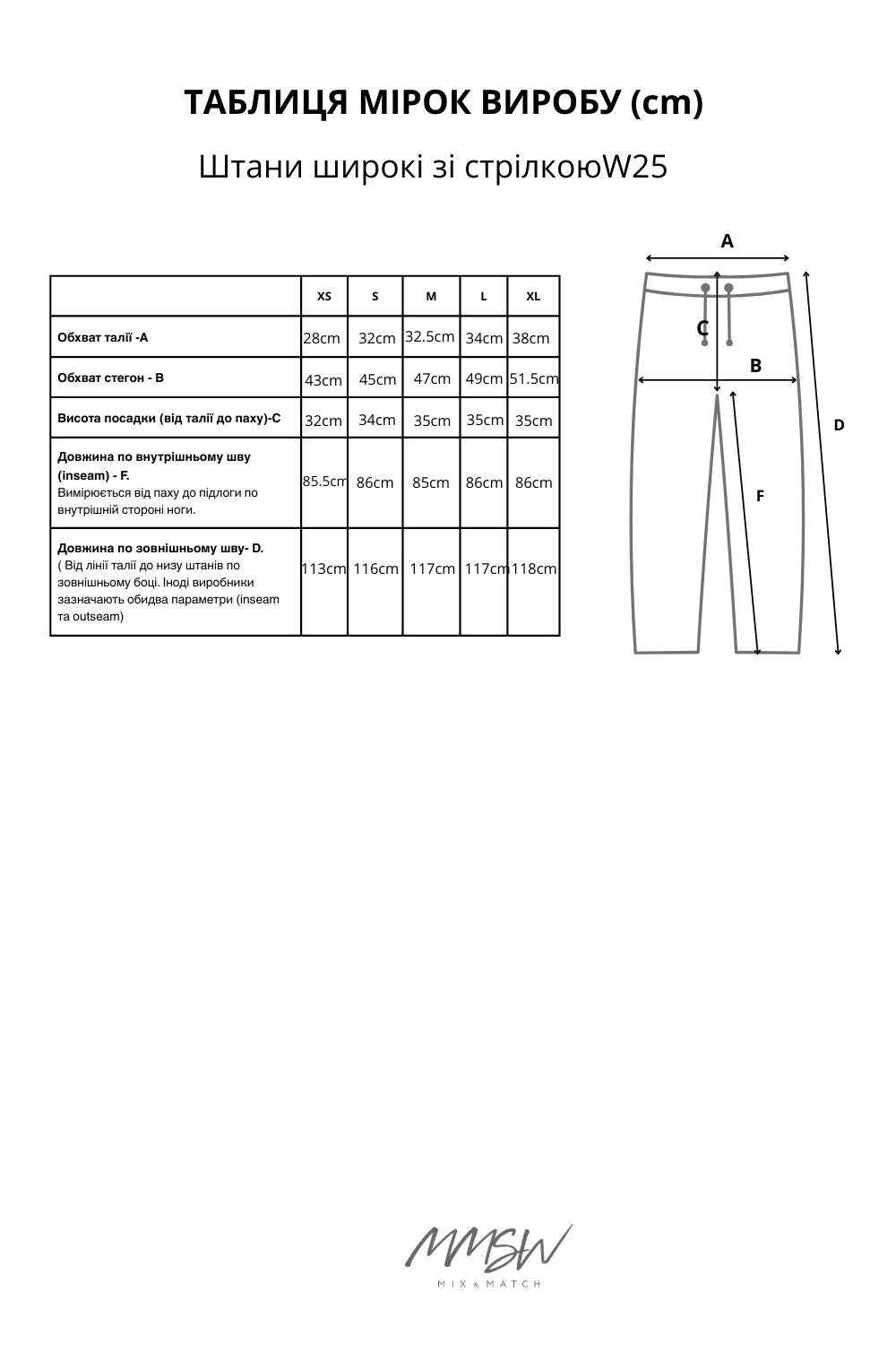 GARMENT MEASUREMENTS CHART | MMSW