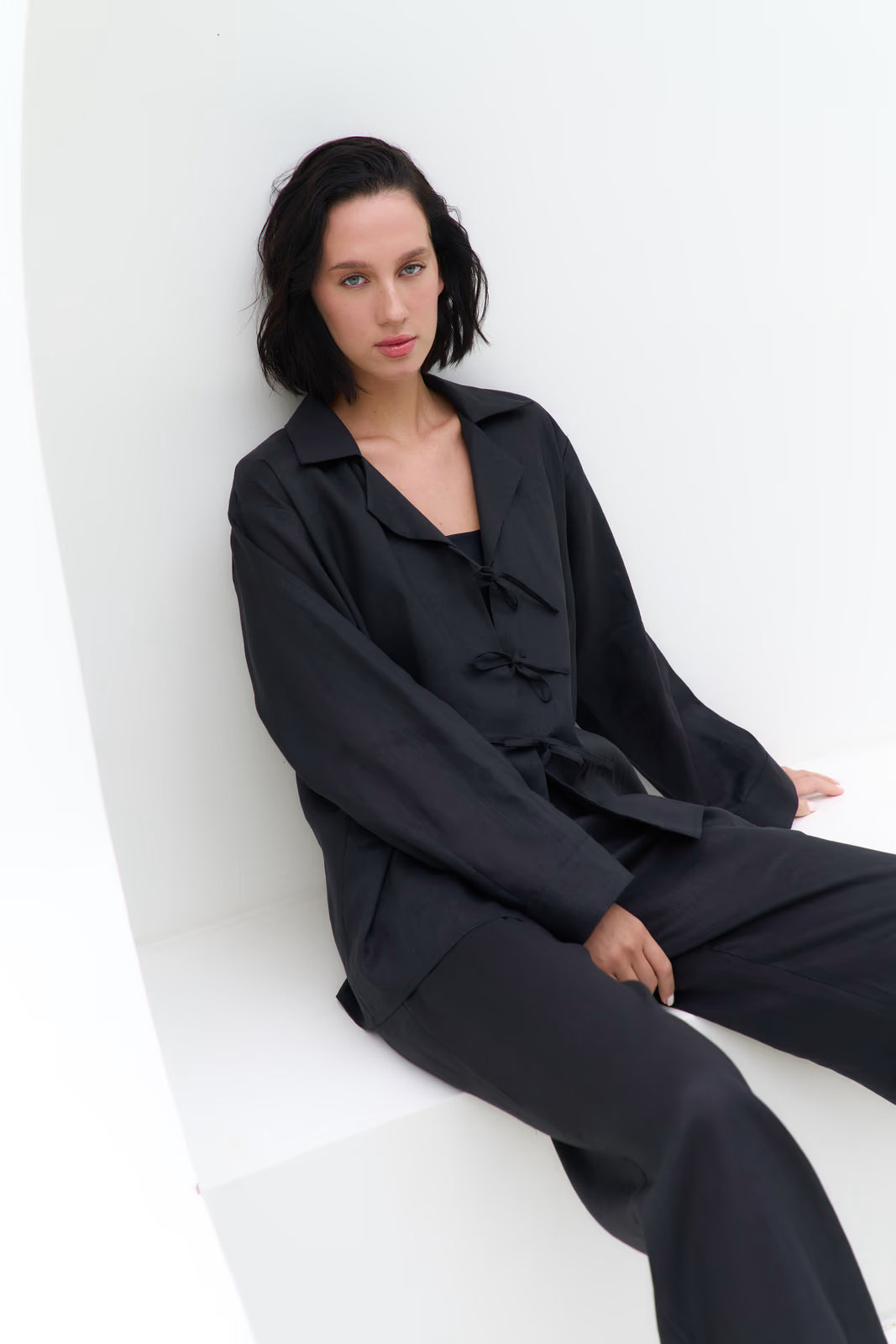 Linen shirt with ties SS Black | MMSW