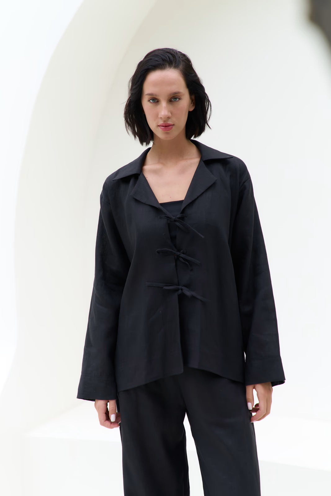 Linen shirt with ties SS Black | MMSW