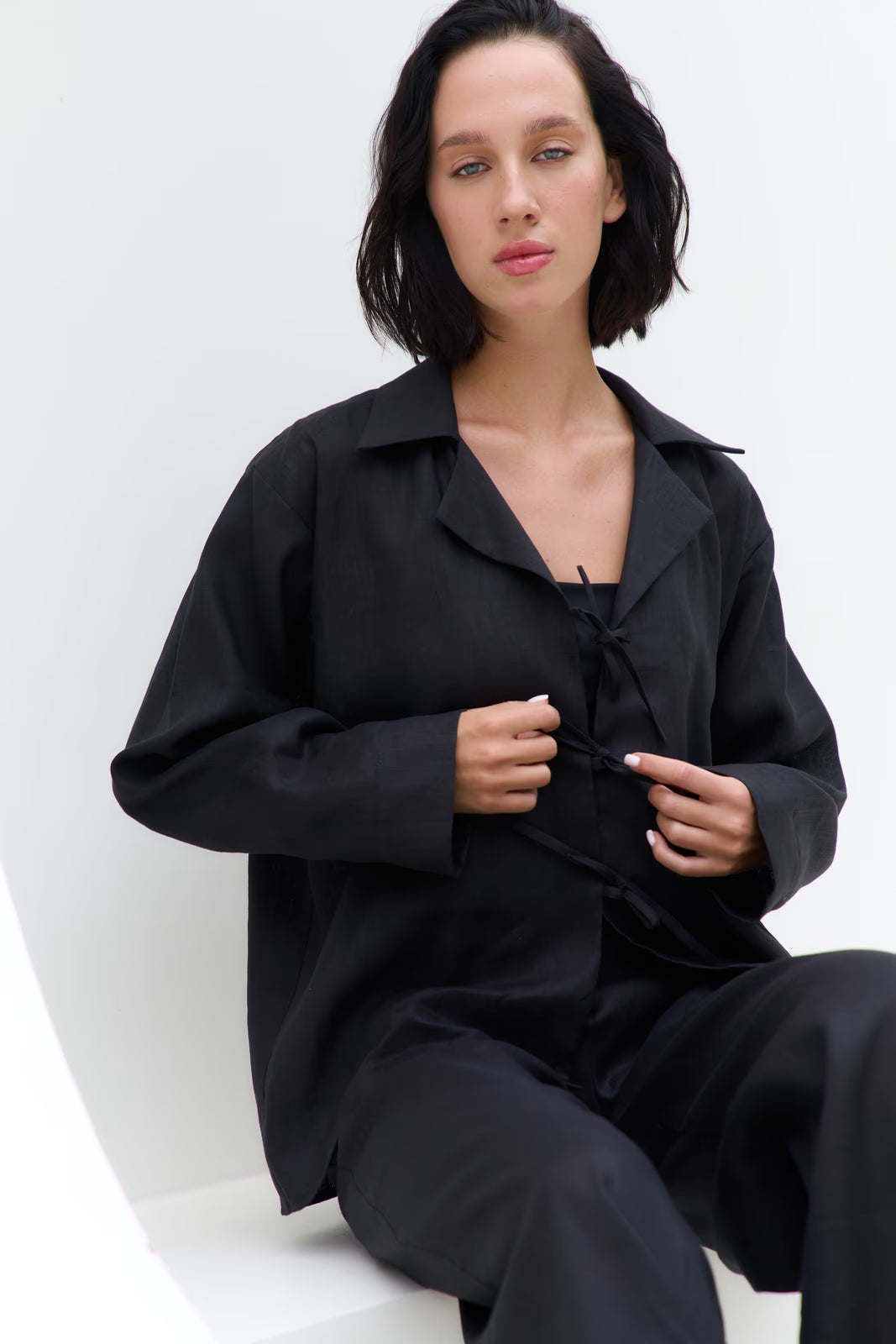 Linen shirt with ties SS Black | MMSW