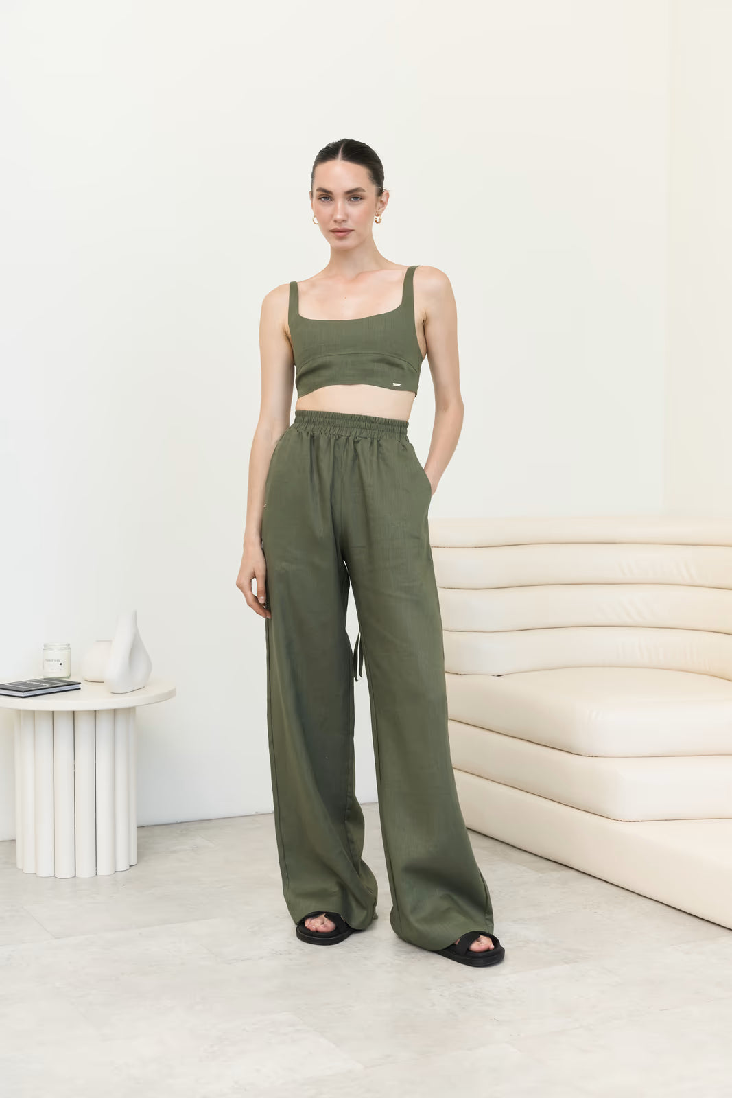 Linen top with stitching SS Khaki | MMSW