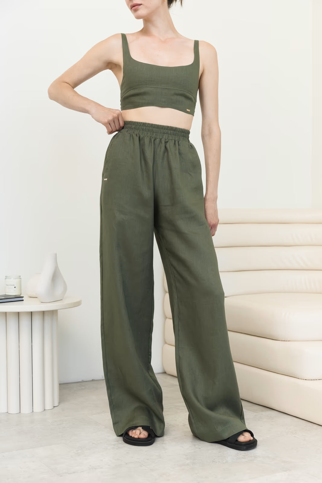 Linen top with stitching SS Khaki | MMSW