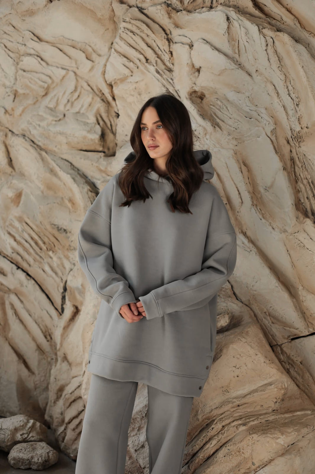 WOMEN’S OVERSIZED FLEECE HOODIE BUTTONS GREY | MMSW
