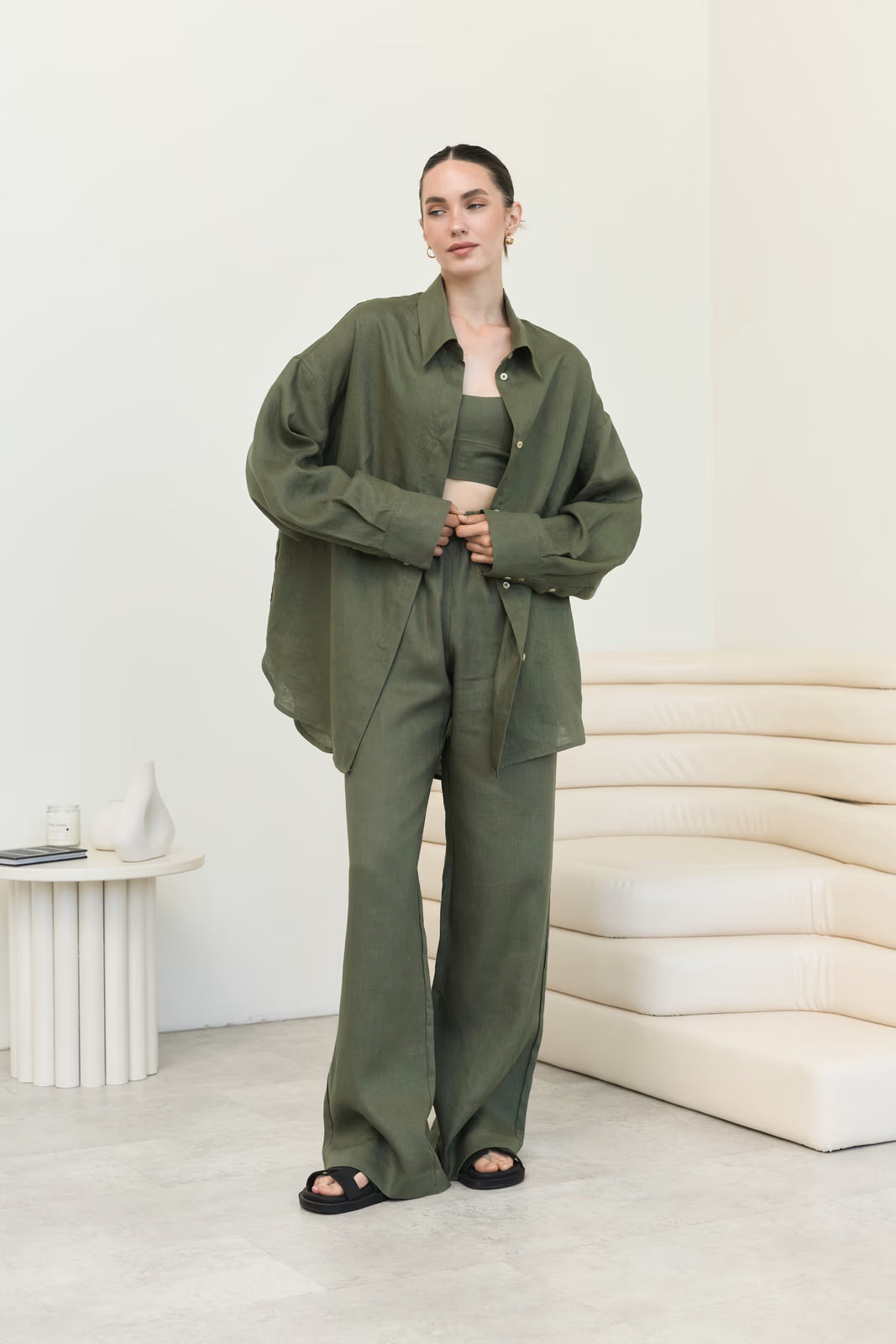 Loose - fitting linen shirt SS Khaki | MMSW