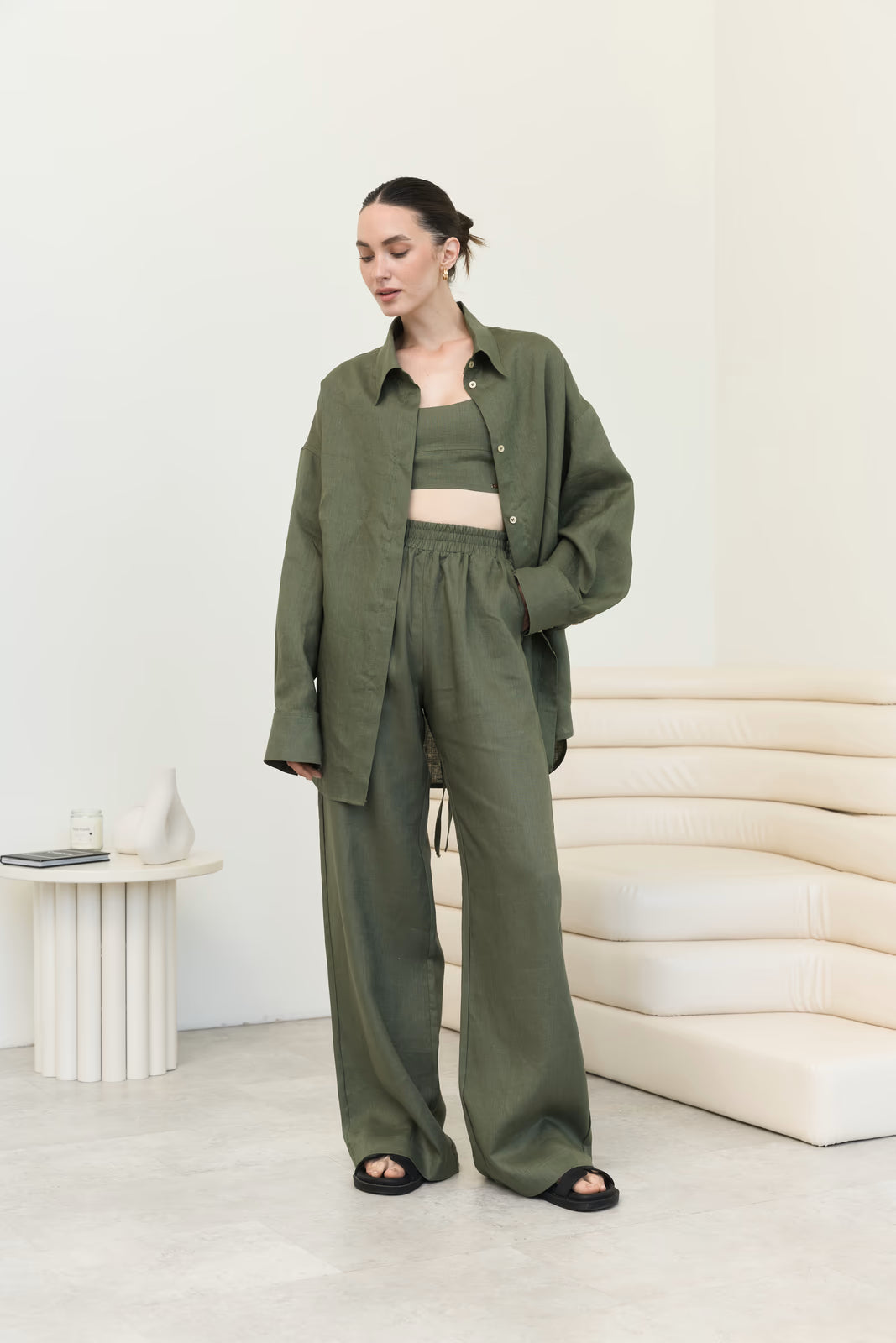 Loose - fitting linen shirt SS Khaki | MMSW