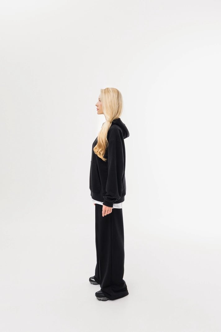 WOMEN’S HOODIE AND WIDE PANTS STITCHED FRONT SWEATSUIT DARK BLACK | MMSW