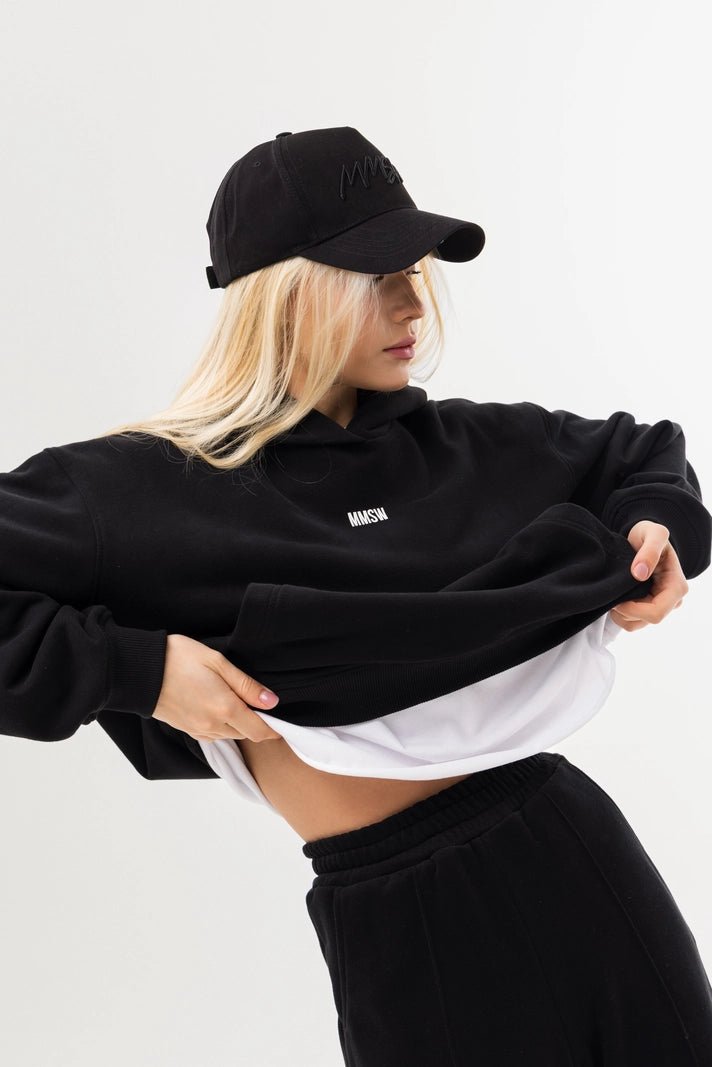 WOMEN’S HOODIE AND WIDE PANTS STITCHED FRONT SWEATSUIT DARK BLACK | MMSW
