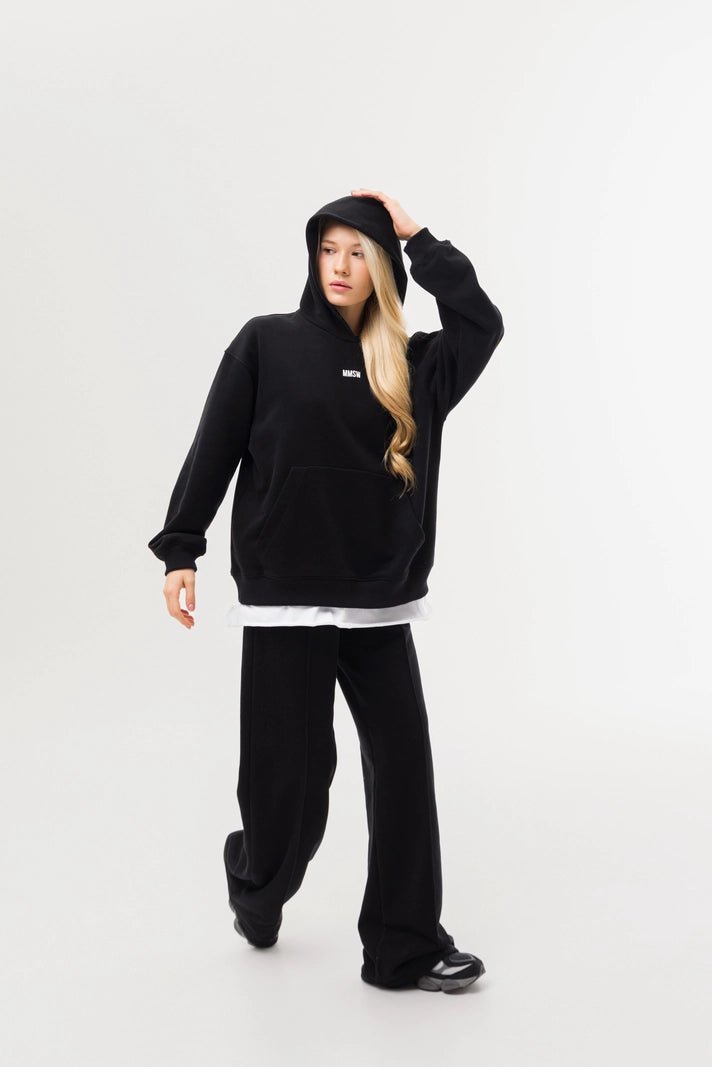 WOMEN’S HOODIE AND WIDE PANTS STITCHED FRONT SWEATSUIT DARK BLACK | MMSW